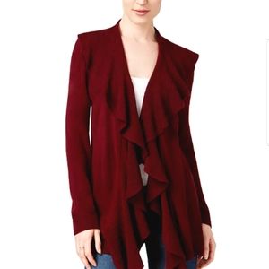 BNWT Karen Scott ruffle cardigan, wine color, size Petite Large